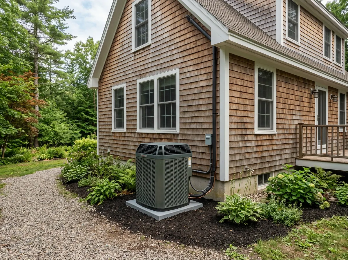 Representative photo of an outdoor condenser beside a home