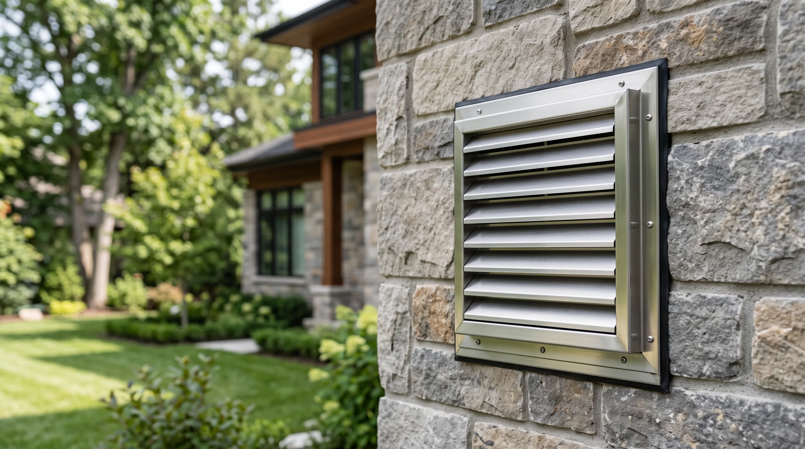 Stainless steel exterior vent louver on a stone wall