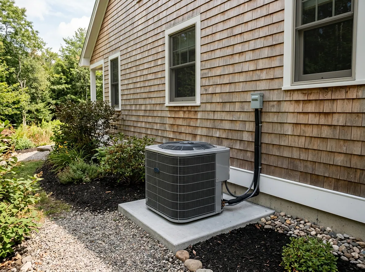 Representative photo of an outdoor condenser beside a home