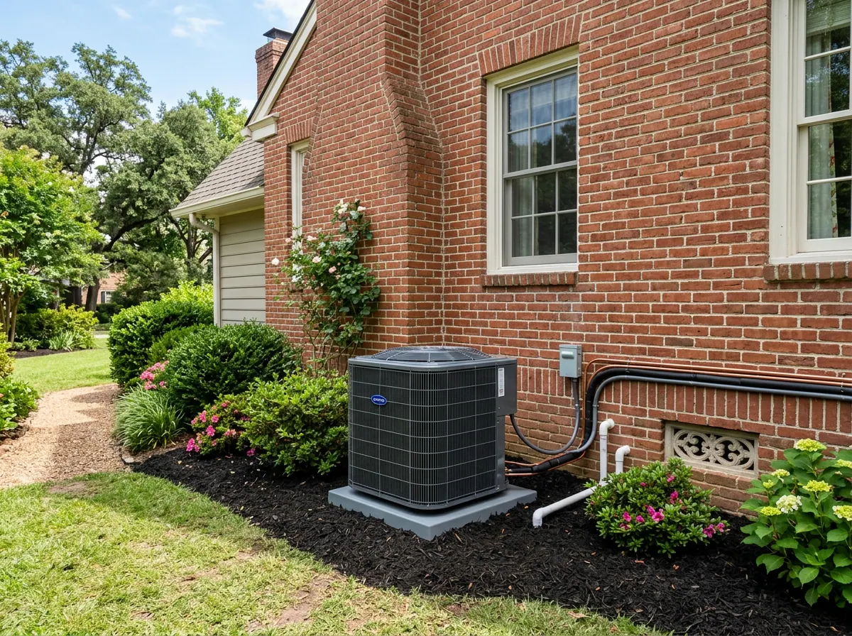 Representative photo of an outdoor condenser beside a home