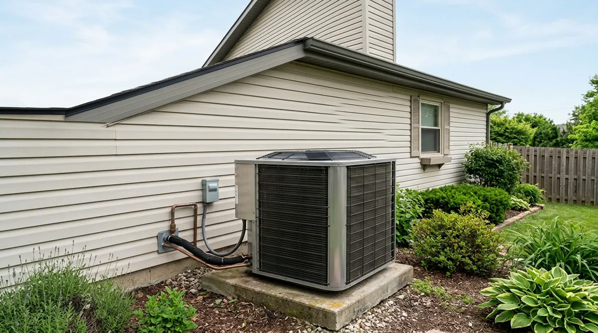 Representative photo of an outdoor condenser beside a home