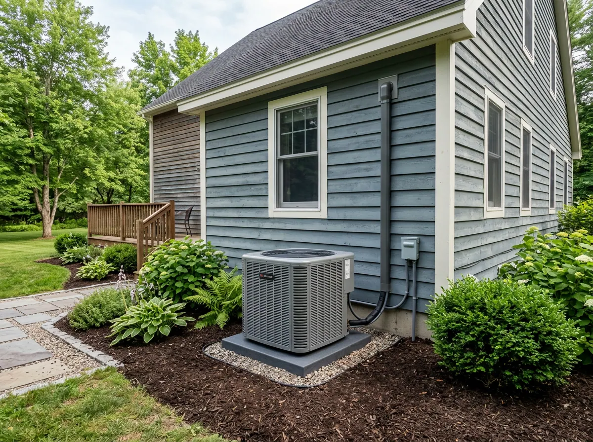 Representative photo of an outdoor condenser beside a home