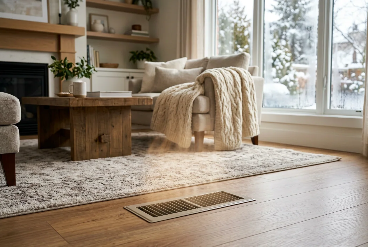 Warm air rising from a floor register in a winter living room