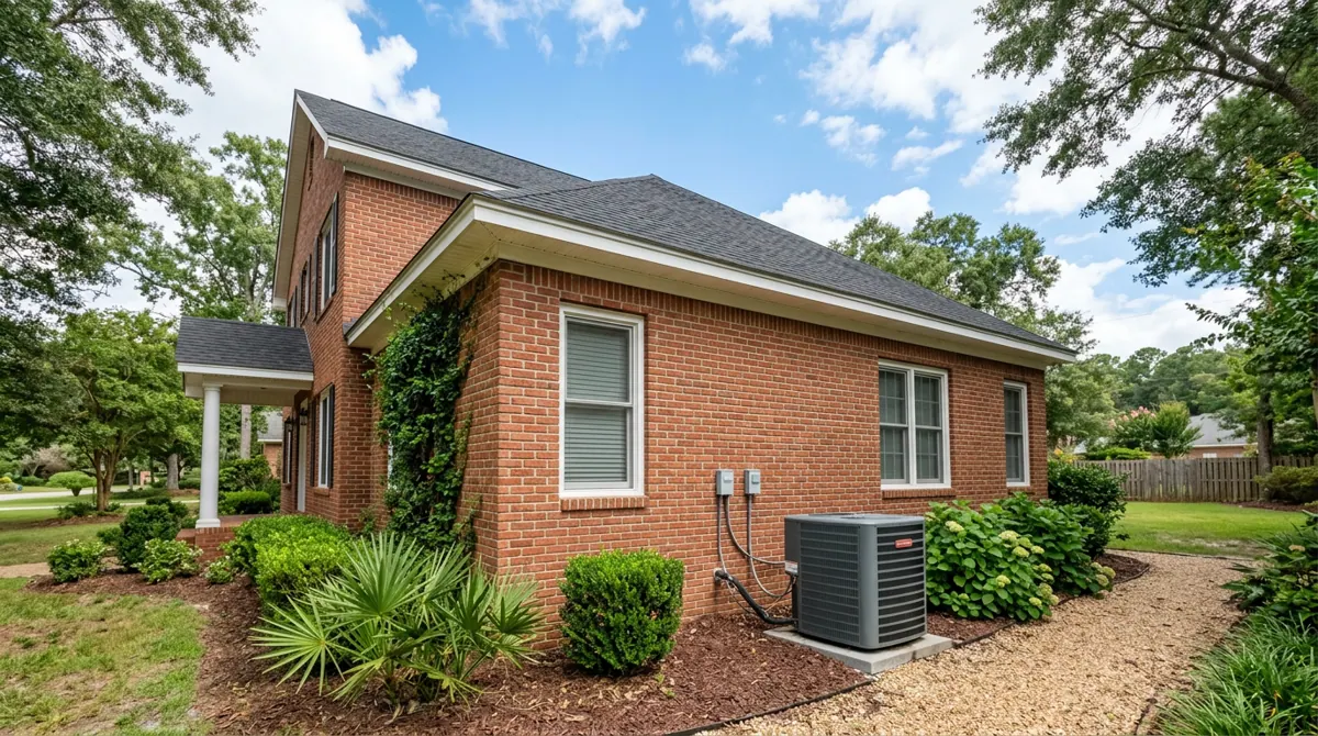 Representative photo of an outdoor condenser beside a home