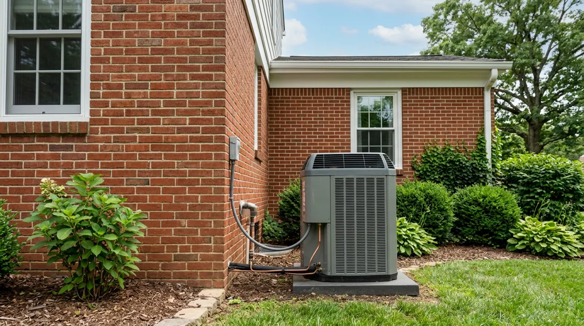 Representative photo of an outdoor condenser beside a home