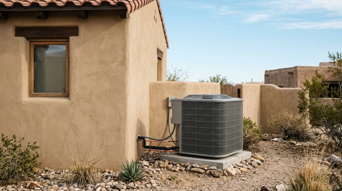Representative photo of an outdoor condenser beside a home