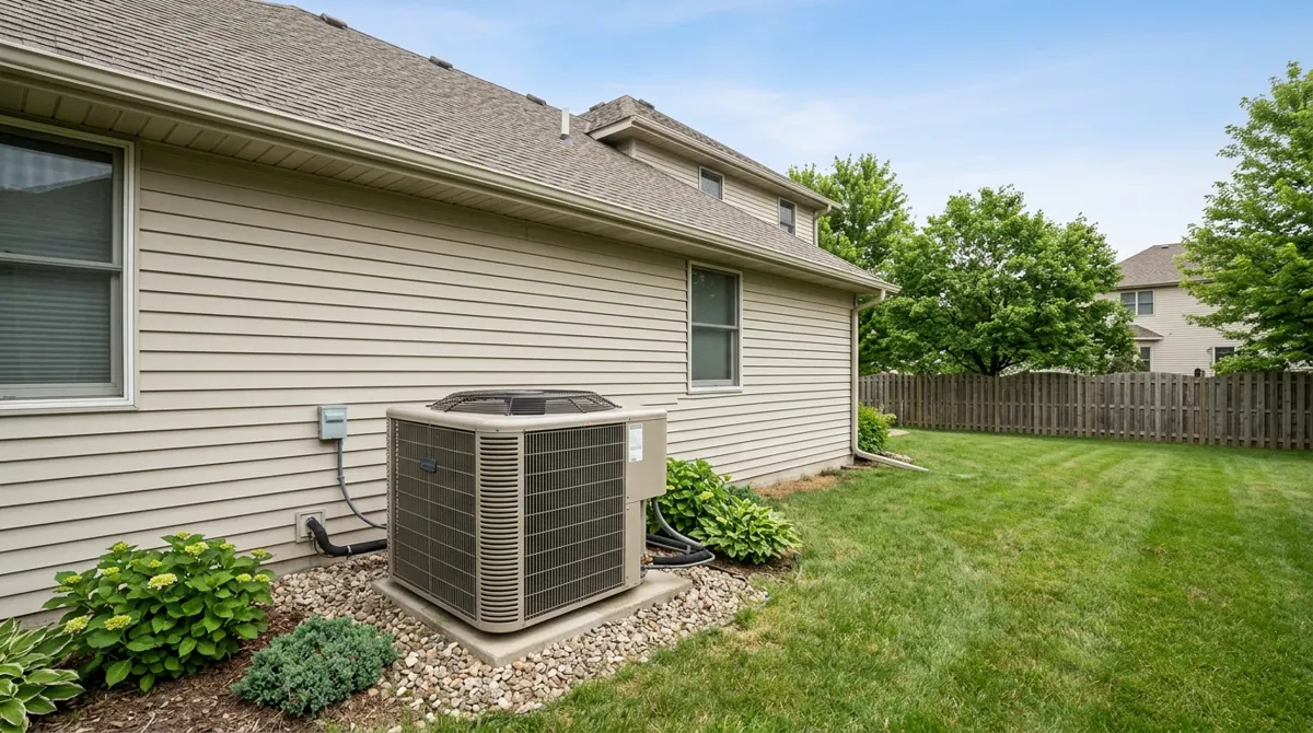 Representative photo of an outdoor condenser beside a home